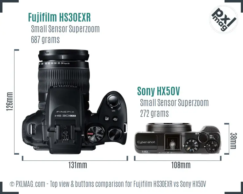 Fujifilm HS30EXR vs Sony HX50V top view buttons comparison Fujifilm HS30EXR vs Sony HX50V top view buttons comparison