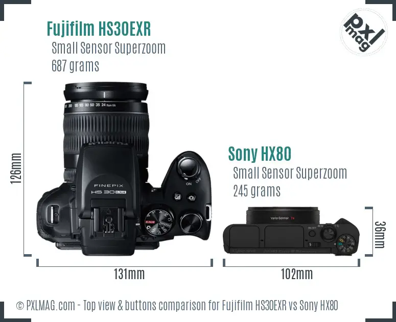 Fujifilm HS30EXR vs Sony HX80 top view buttons comparison