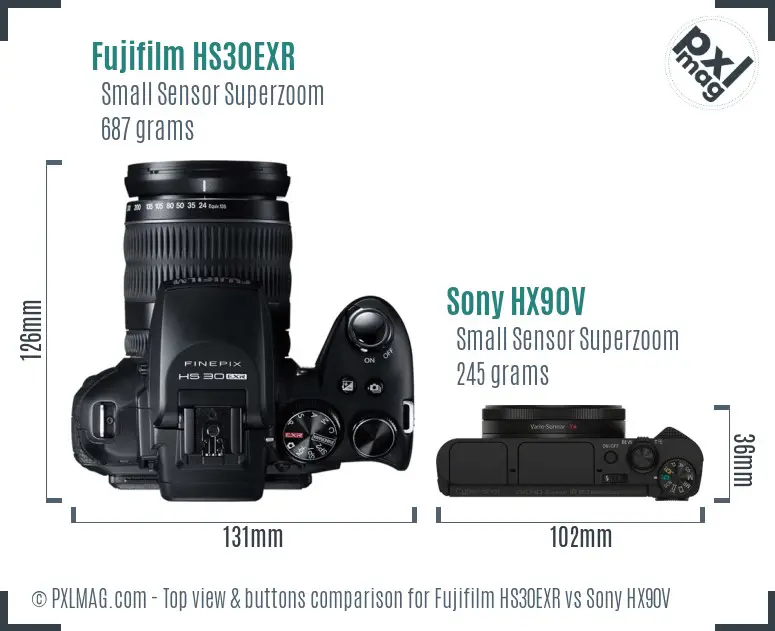 Fujifilm HS30EXR vs Sony HX90V top view buttons comparison