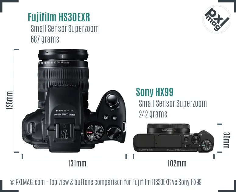 Fujifilm HS30EXR vs Sony HX99 top view buttons comparison