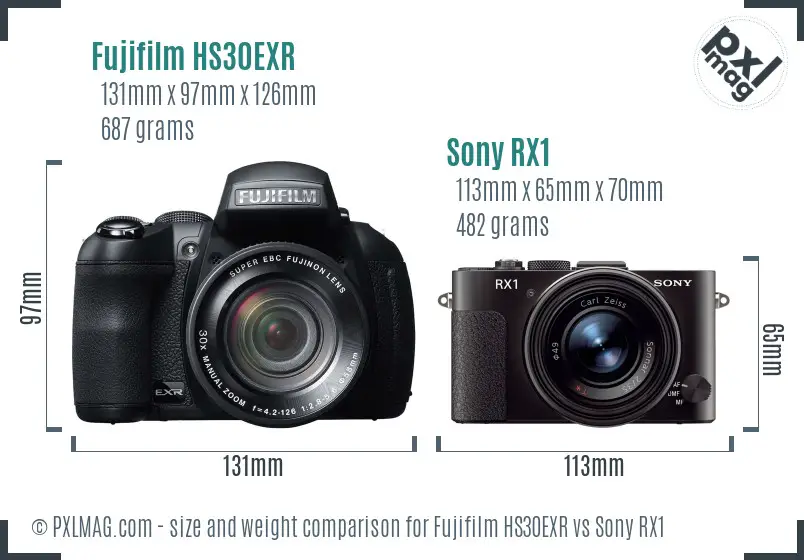 Fujifilm HS30EXR vs Sony RX1 size comparison