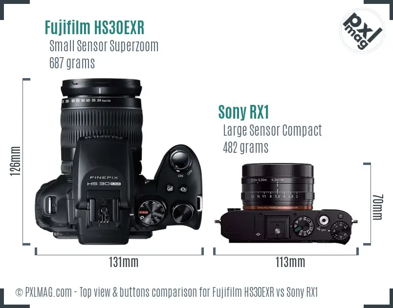 Fujifilm HS30EXR vs Sony RX1 top view buttons comparison