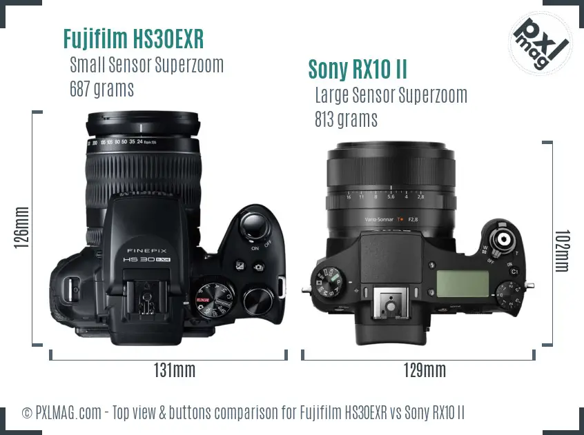 Fujifilm HS30EXR vs Sony RX10 II top view buttons comparison