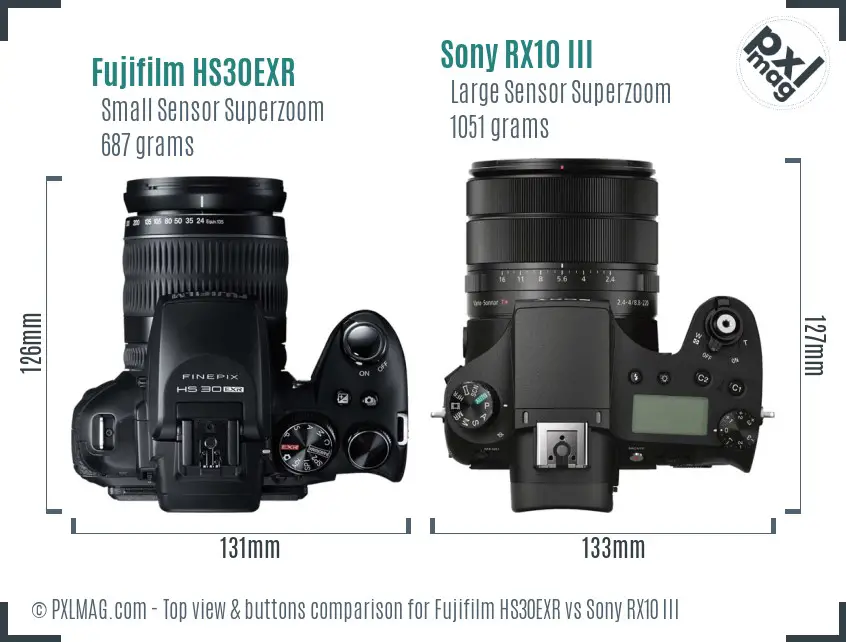Fujifilm HS30EXR vs Sony RX10 III top view buttons comparison Fujifilm HS30EXR vs Sony RX10 III top view buttons comparison