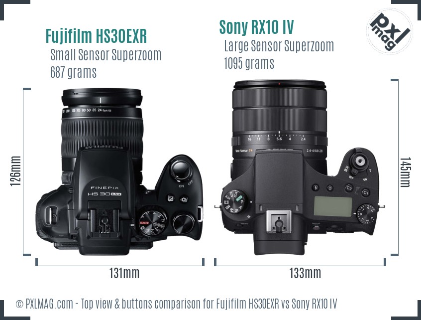 Fujifilm HS30EXR vs Sony RX10 IV top view buttons comparison