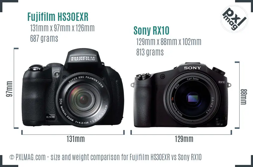 Fujifilm HS30EXR vs Sony RX10 size comparison