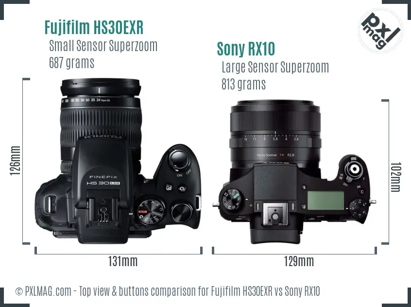 Fujifilm HS30EXR vs Sony RX10 top view buttons comparison