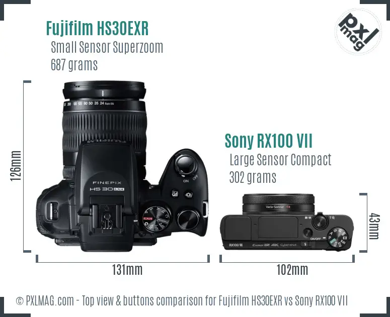 Fujifilm HS30EXR vs Sony RX100 VII top view buttons comparison