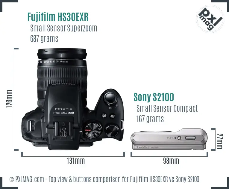 Fujifilm HS30EXR vs Sony S2100 top view buttons comparison