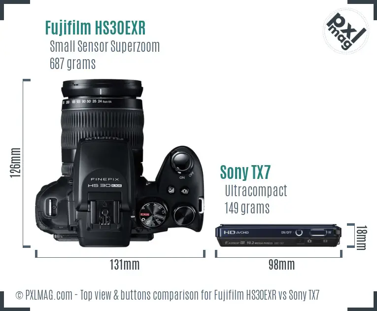 Fujifilm HS30EXR vs Sony TX7 top view buttons comparison