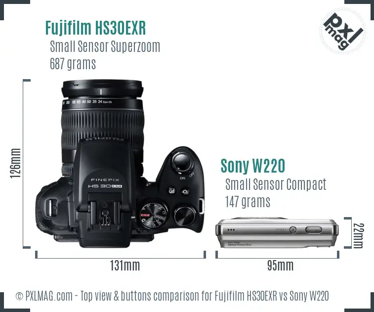 Fujifilm HS30EXR vs Sony W220 top view buttons comparison