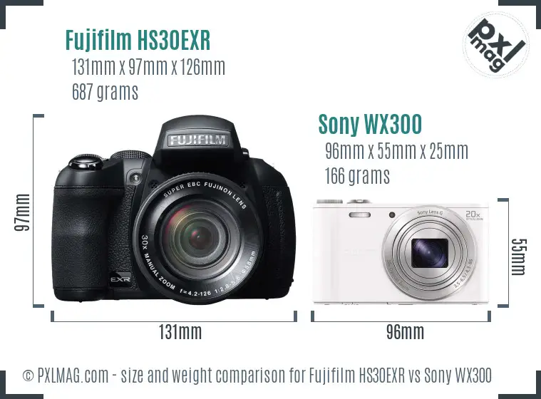 Fujifilm HS30EXR vs Sony WX300 size comparison