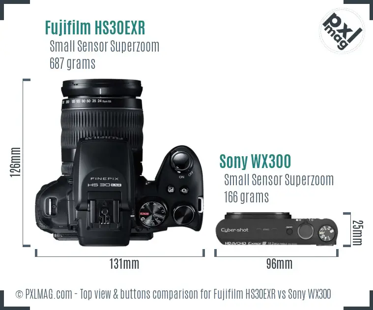 Fujifilm HS30EXR vs Sony WX300 top view buttons comparison