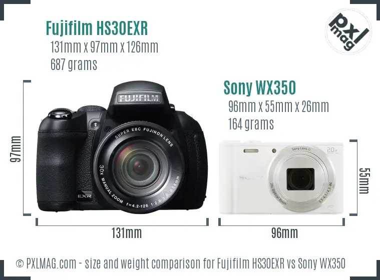 Fujifilm HS30EXR vs Sony WX350 size comparison