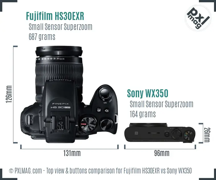 Fujifilm HS30EXR vs Sony WX350 top view buttons comparison