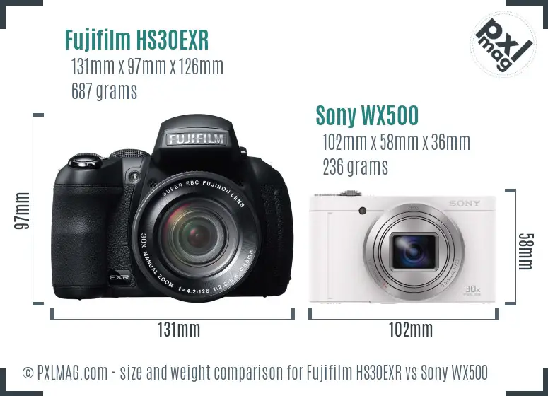 Fujifilm HS30EXR vs Sony WX500 size comparison