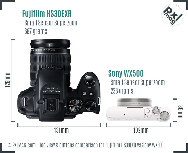 Fujifilm HS30EXR vs Sony WX500 top view buttons comparison