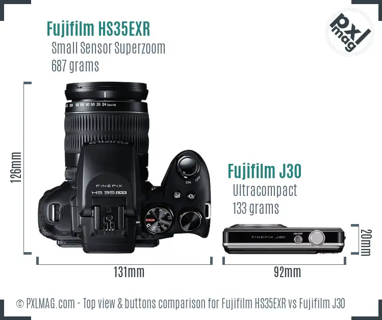 Fujifilm HS35EXR vs Fujifilm J30 top view buttons comparison