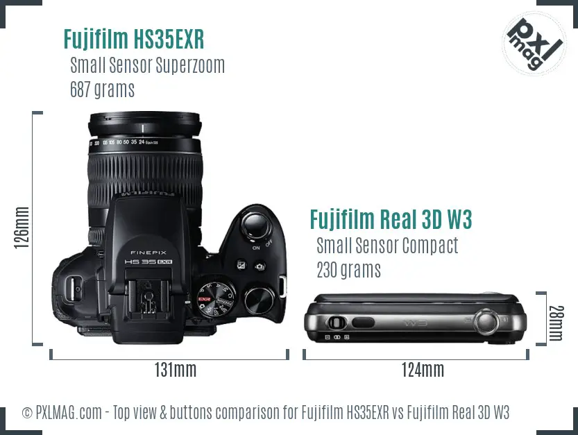 Fujifilm HS35EXR vs Fujifilm Real 3D W3 top view buttons comparison Fujifilm HS35EXR vs Fujifilm Real 3D W3 top view buttons comparison