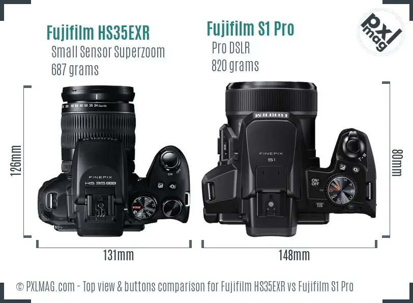 Fujifilm HS35EXR vs Fujifilm S1 Pro top view buttons comparison Fujifilm HS35EXR vs Fujifilm S1 Pro top view buttons comparison