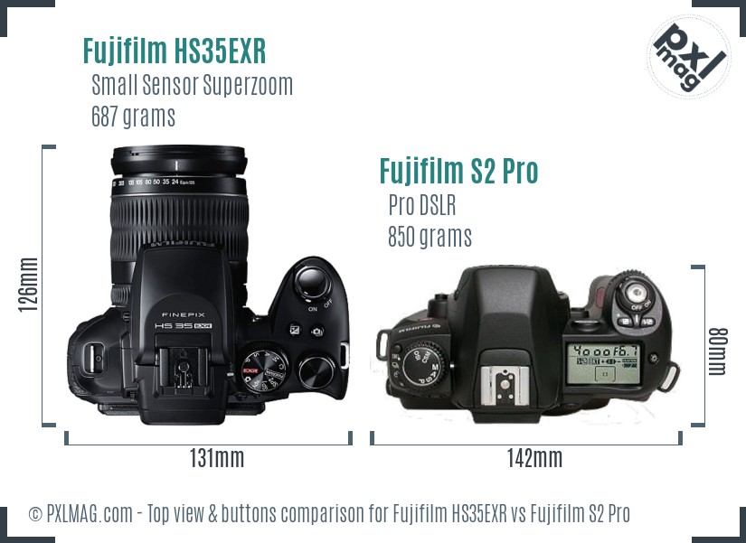 Fujifilm HS35EXR vs Fujifilm S2 Pro top view buttons comparison
