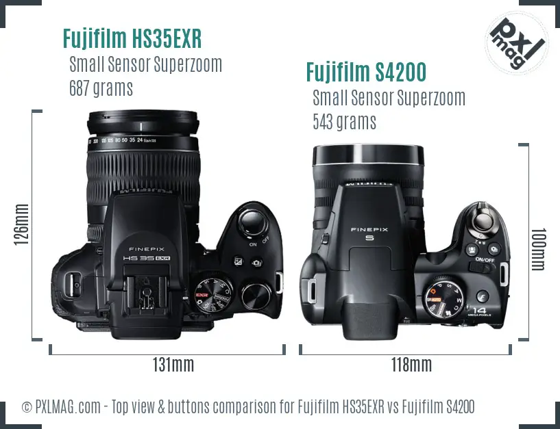 Fujifilm HS35EXR vs Fujifilm S4200 top view buttons comparison
