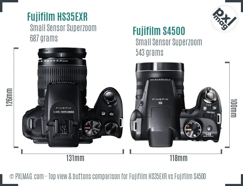 Fujifilm HS35EXR vs Fujifilm S4500 top view buttons comparison
