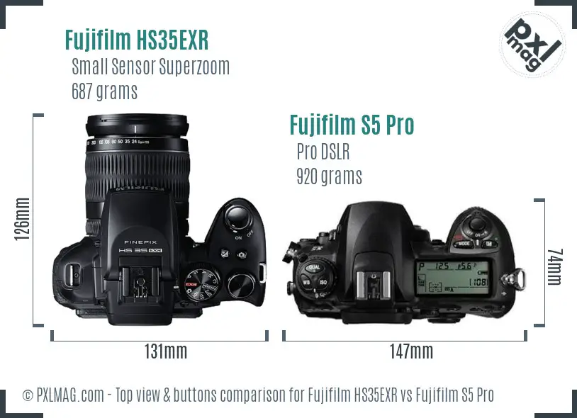 Fujifilm HS35EXR vs Fujifilm S5 Pro top view buttons comparison Fujifilm HS35EXR vs Fujifilm S5 Pro top view buttons comparison