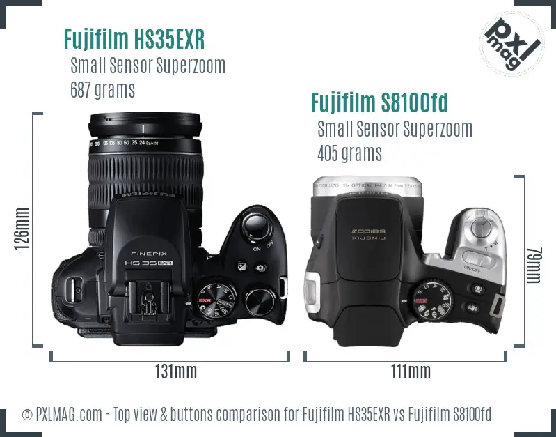 Fujifilm HS35EXR vs Fujifilm S8100fd top view buttons comparison