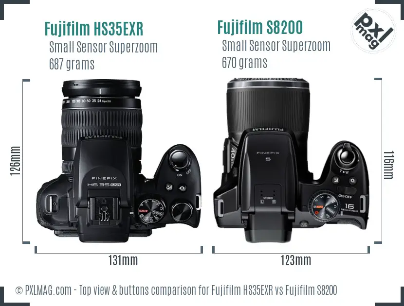 Fujifilm HS35EXR vs Fujifilm S8200 top view buttons comparison