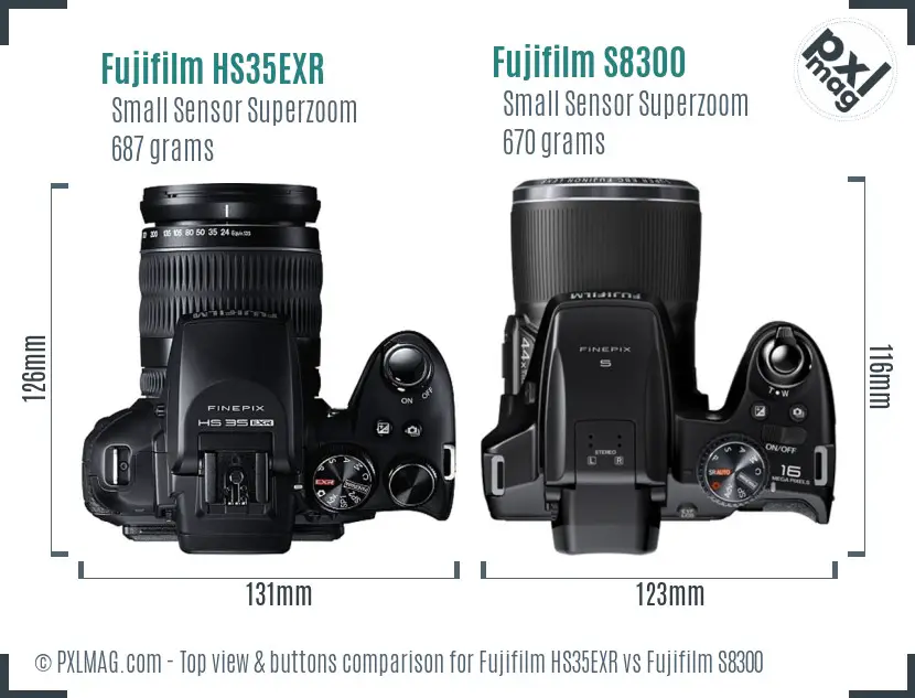 Fujifilm HS35EXR vs Fujifilm S8300 top view buttons comparison