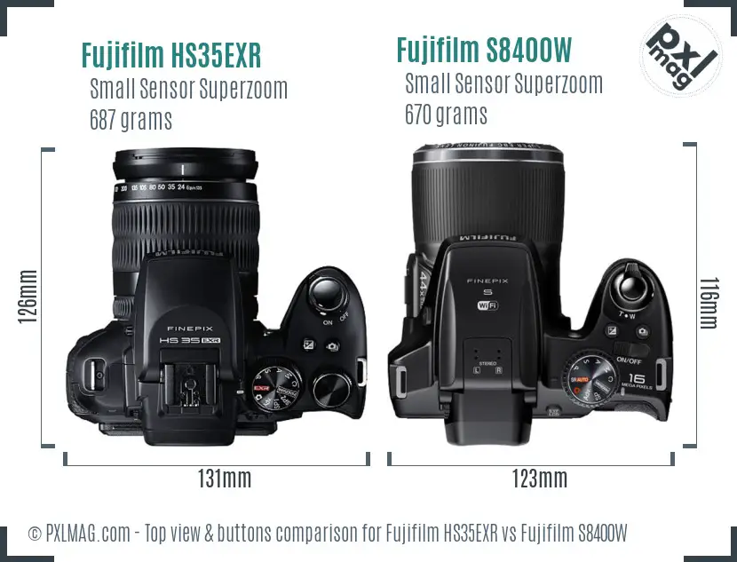 Fujifilm HS35EXR vs Fujifilm S8400W top view buttons comparison