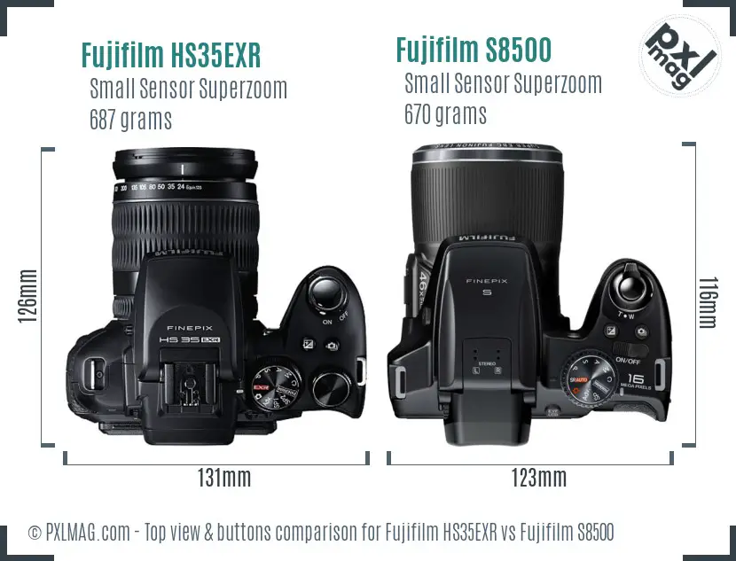 Fujifilm HS35EXR vs Fujifilm S8500 top view buttons comparison