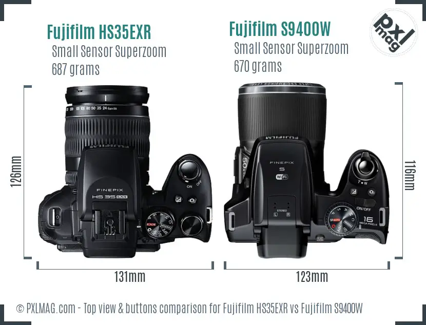Fujifilm HS35EXR vs Fujifilm S9400W top view buttons comparison