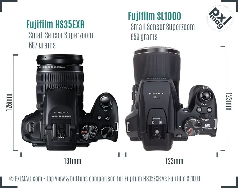 Fujifilm HS35EXR vs Fujifilm SL1000 top view buttons comparison