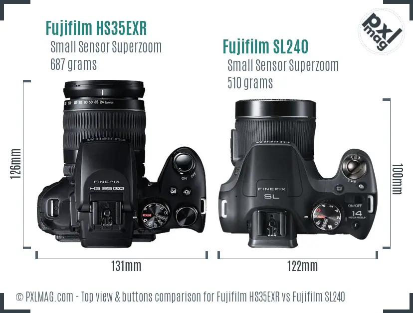 Fujifilm HS35EXR vs Fujifilm SL240 top view buttons comparison
