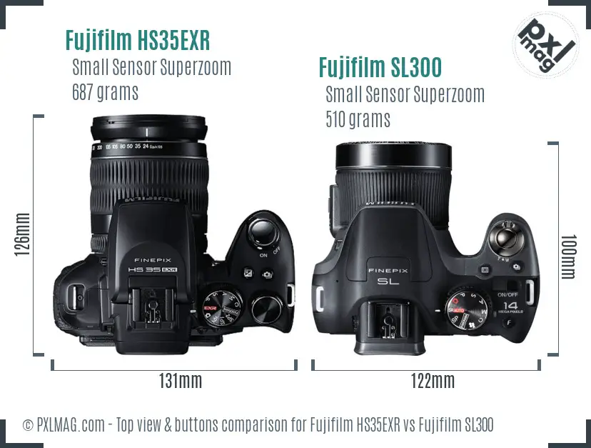 Fujifilm HS35EXR vs Fujifilm SL300 top view buttons comparison