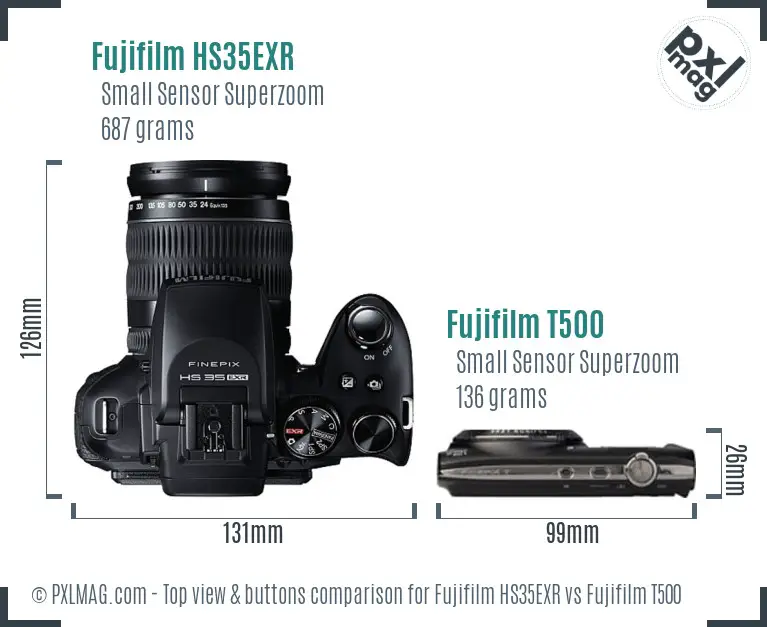 Fujifilm HS35EXR vs Fujifilm T500 top view buttons comparison