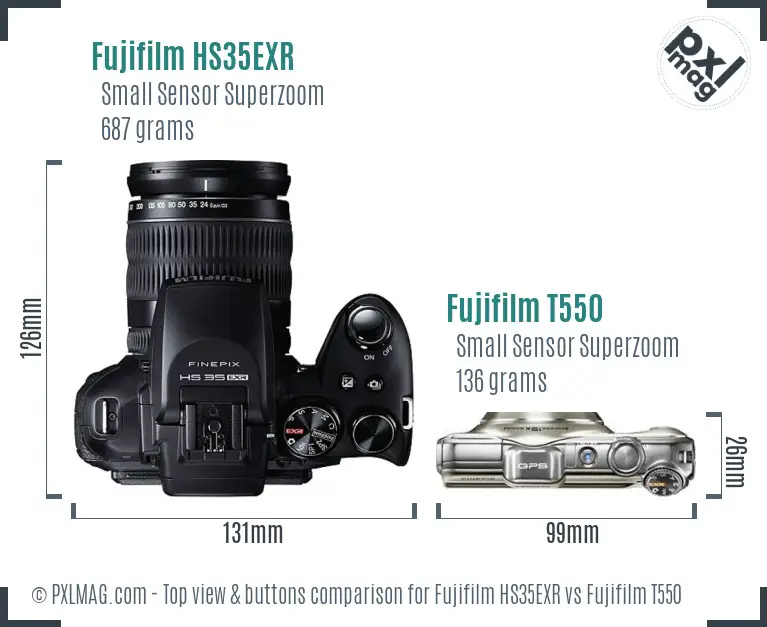 Fujifilm HS35EXR vs Fujifilm T550 top view buttons comparison