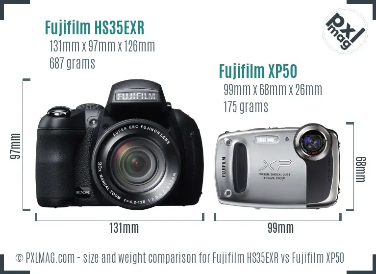 Fujifilm HS35EXR vs Fujifilm XP50 size comparison