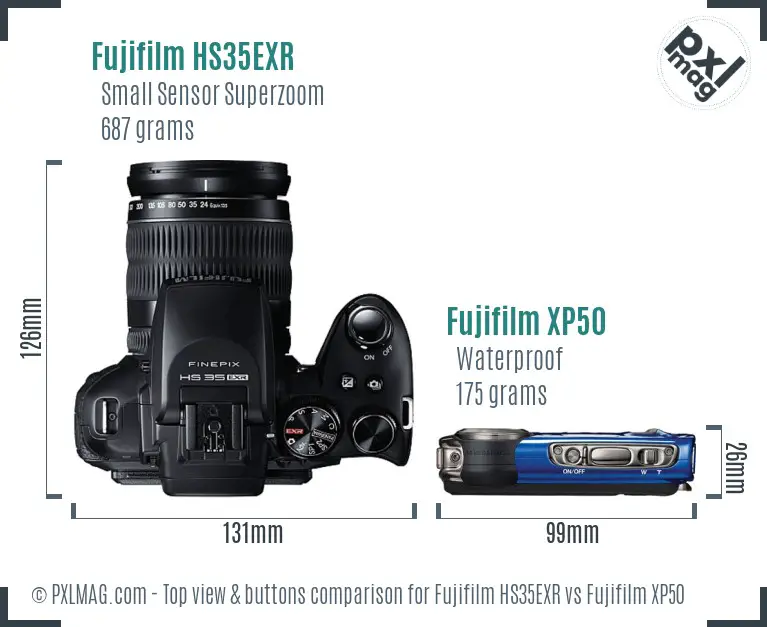 Fujifilm HS35EXR vs Fujifilm XP50 top view buttons comparison