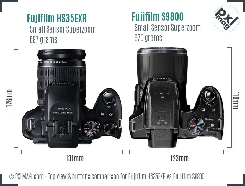 Fujifilm HS35EXR vs Fujifilm S9800 top view buttons comparison