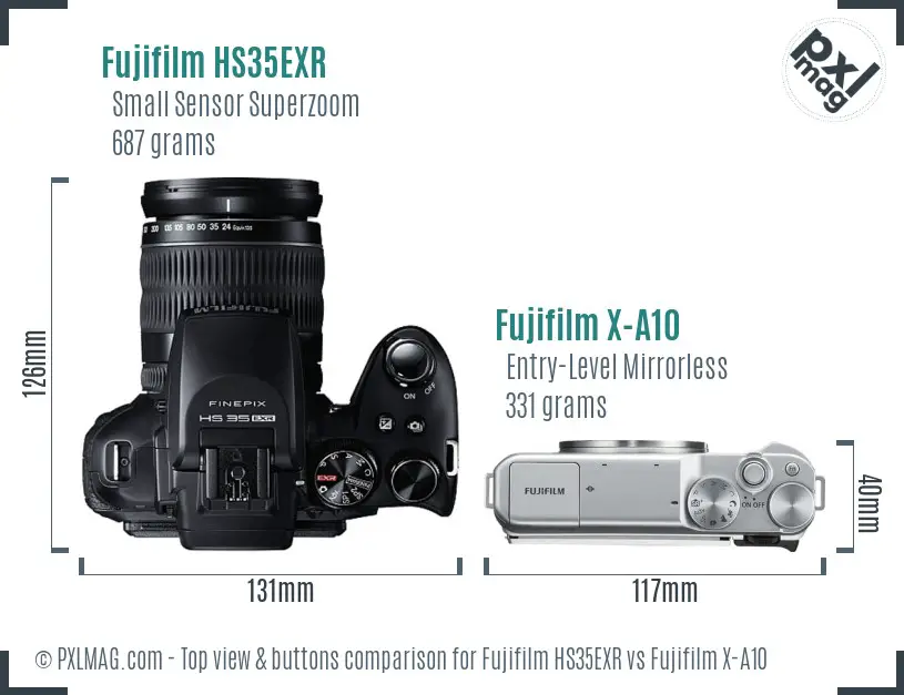 Fujifilm HS35EXR vs Fujifilm X-A10 top view buttons comparison