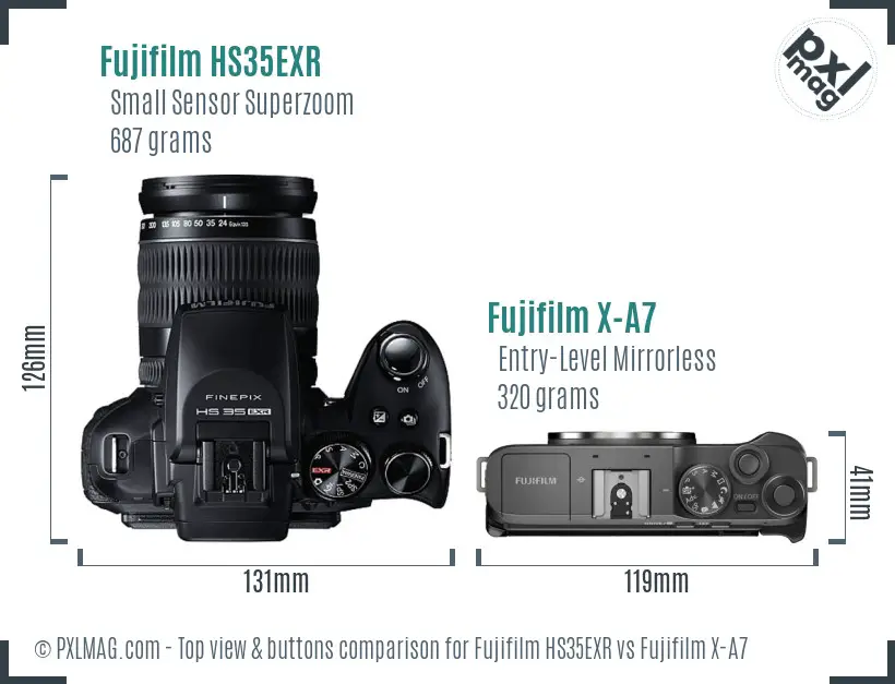 Fujifilm HS35EXR vs Fujifilm X-A7 top view buttons comparison