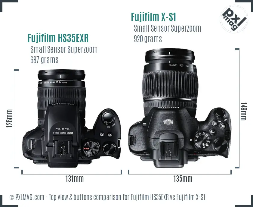 Fujifilm HS35EXR vs Fujifilm X-S1 top view buttons comparison