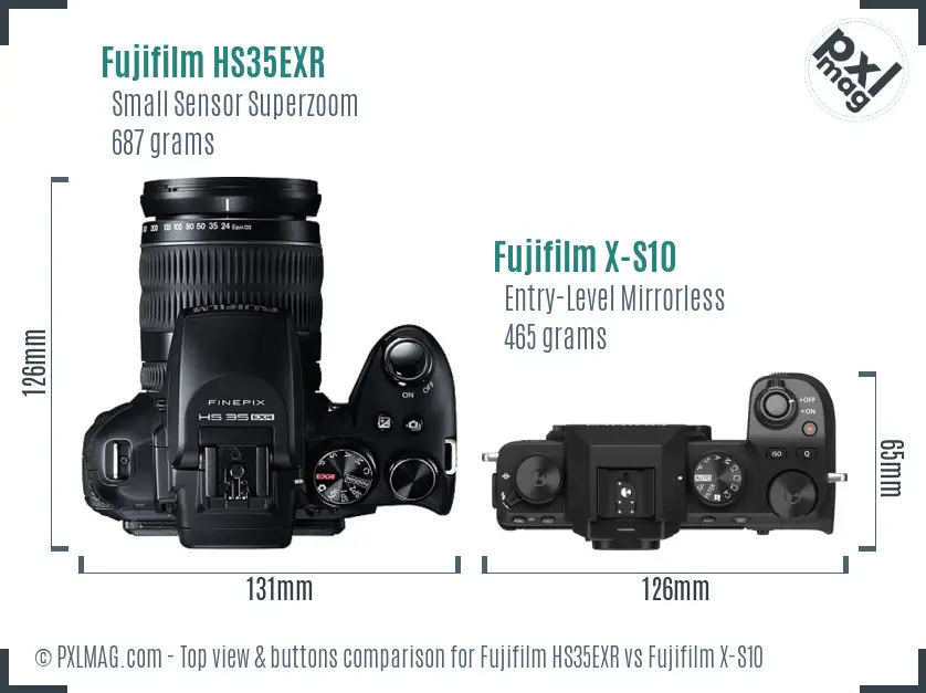 Fujifilm HS35EXR vs Fujifilm X-S10 top view buttons comparison