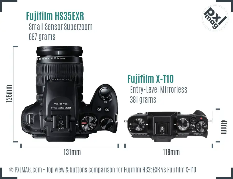 Fujifilm HS35EXR vs Fujifilm X-T10 top view buttons comparison