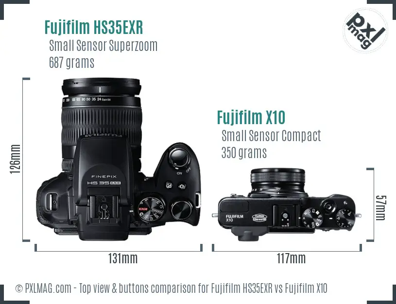 Fujifilm HS35EXR vs Fujifilm X10 top view buttons comparison