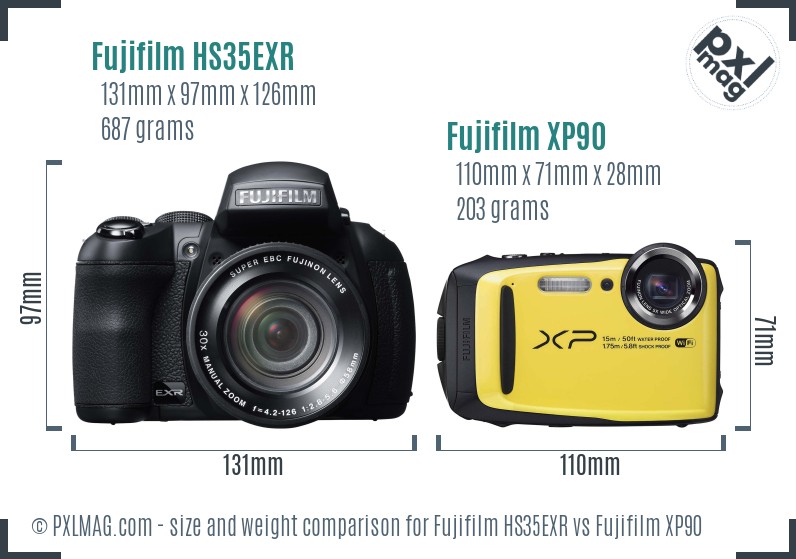 Fujifilm HS35EXR vs Fujifilm XP90 size comparison