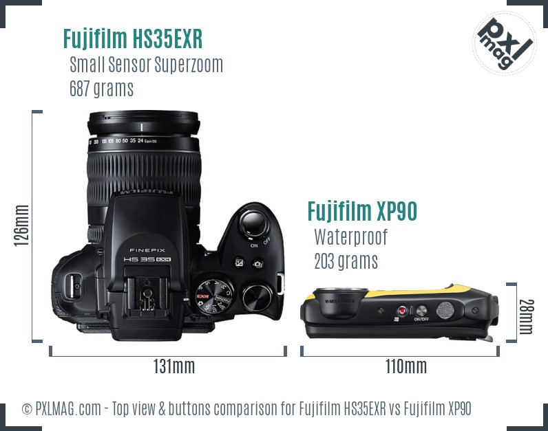 Fujifilm HS35EXR vs Fujifilm XP90 top view buttons comparison